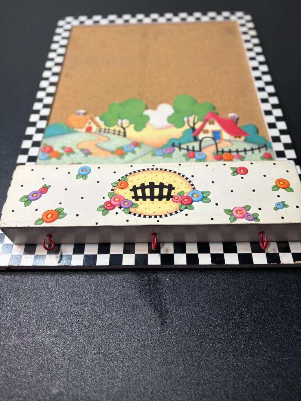 Vintage Mary Engelbreit Cork Board Bulletin Board with 3 Hooks & Cubbys